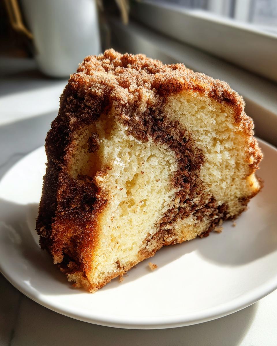 A close-up of a moist slice of sour cream coffee cake featuring a cinnamon swirl and thick streusel topping.
