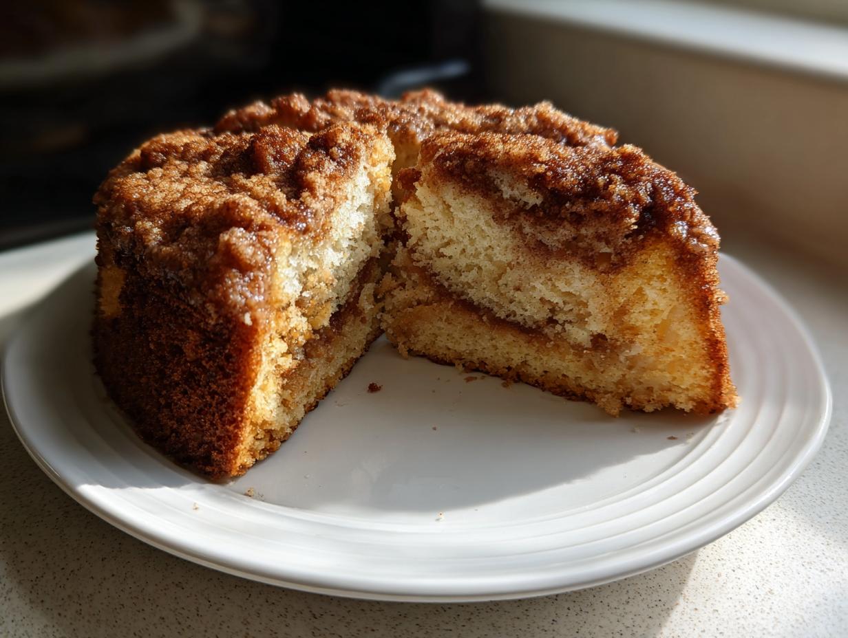 A slice of moist sour cream coffee cake, cut in half to show the cinnamon swirl and crumbly streusel topping.