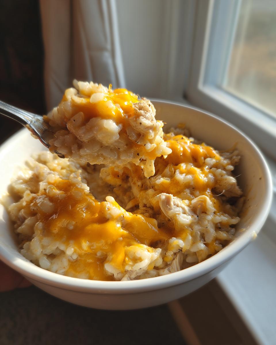 A spoonful of creamy crock pot chicken and rice topped with melted cheddar cheese being lifted from a white bowl.