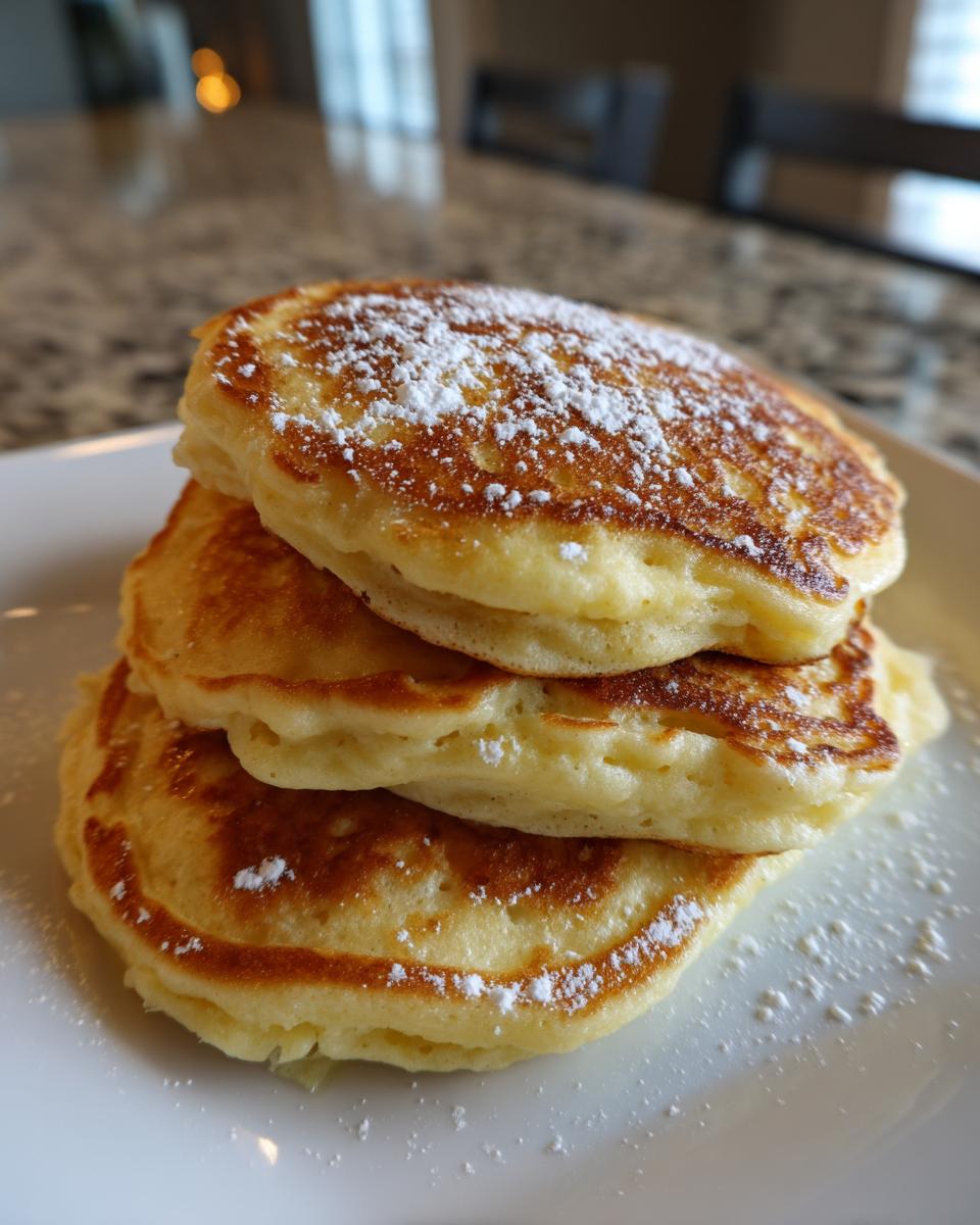 A close-up stack of three fluffy almond flour pancakes dusted generously with powdered sugar.