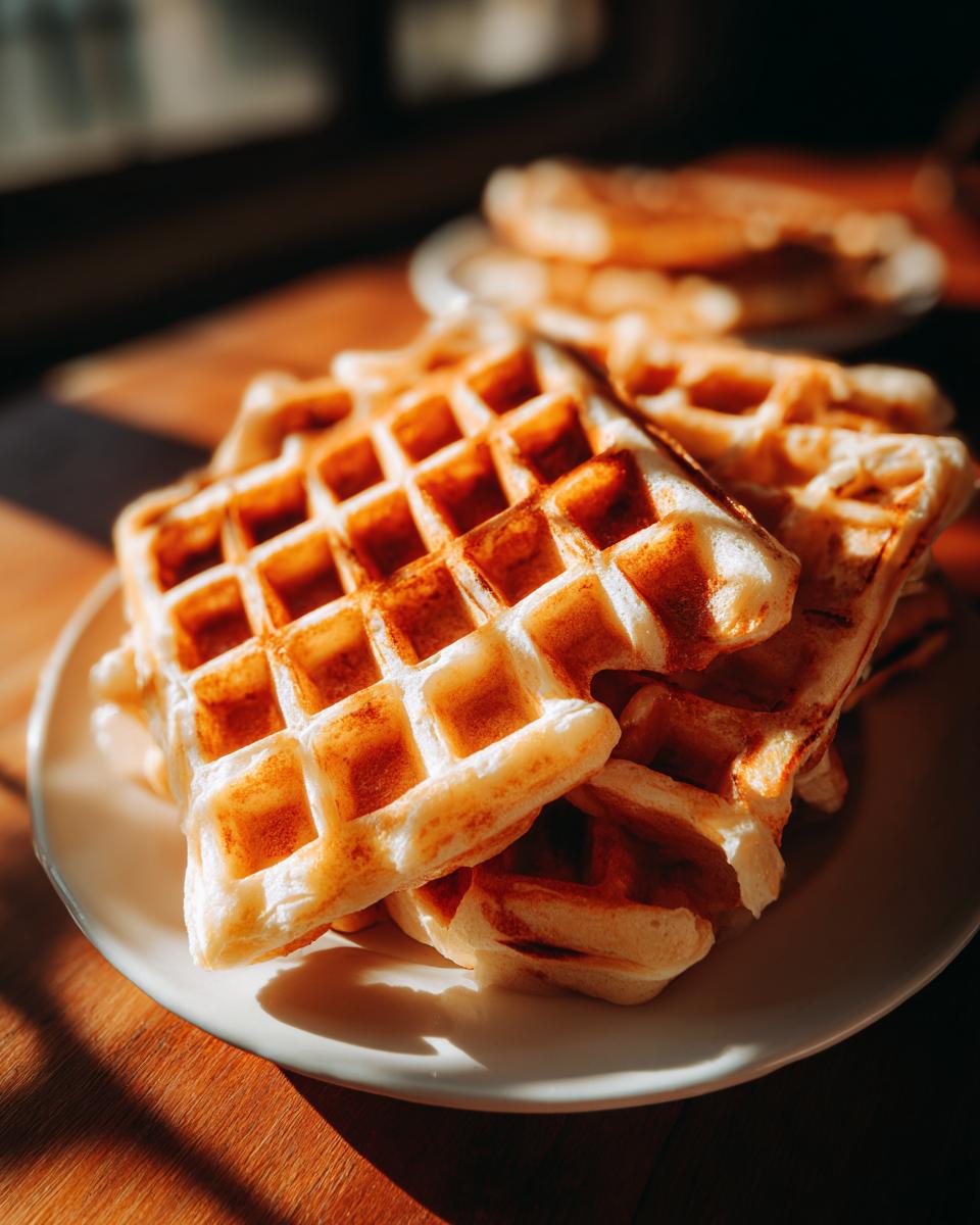 A close-up stack of golden brown high protein waffles resting on a white plate in warm sunlight.