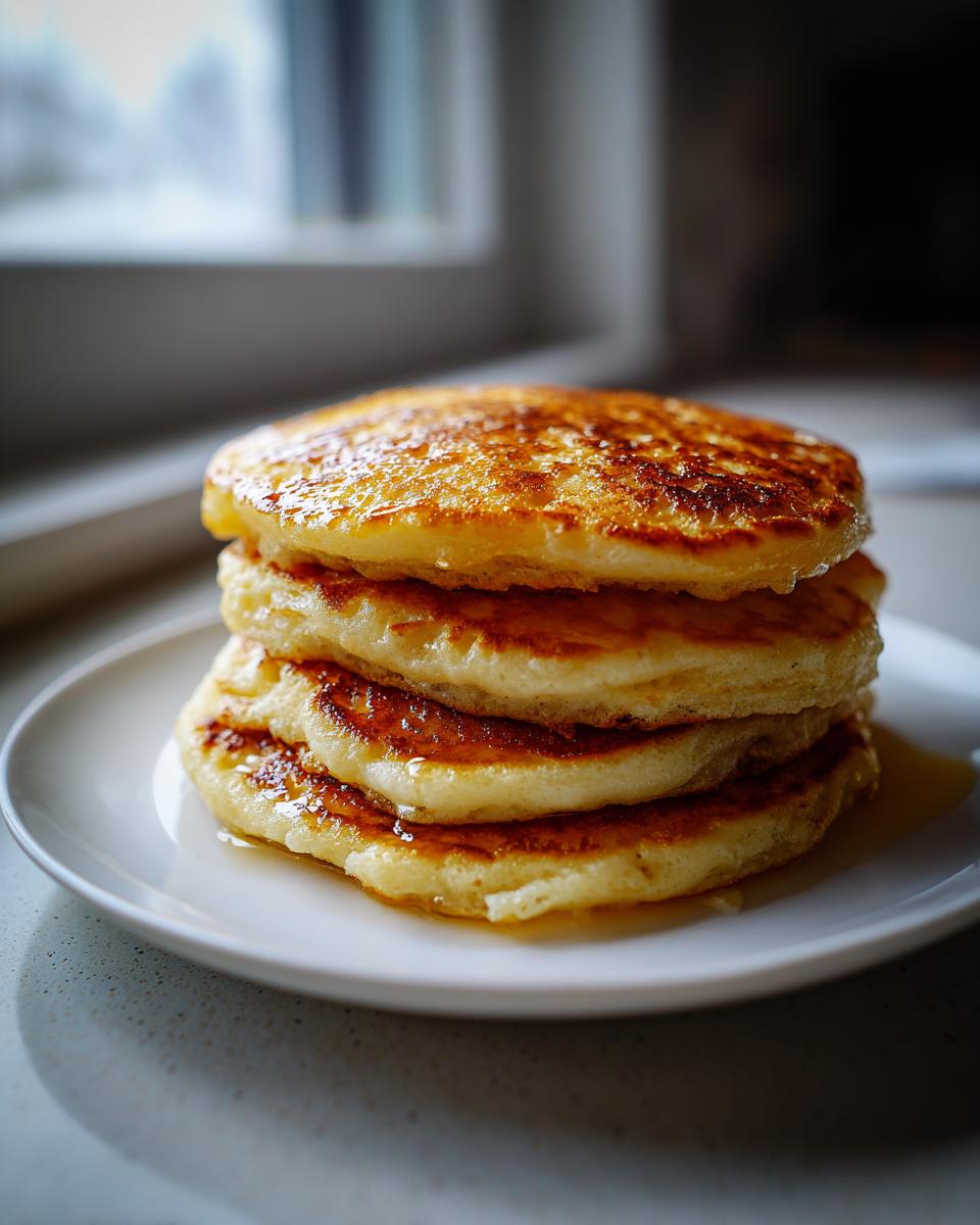 A tall stack of four golden-brown sourdough pancakes drizzled with syrup on a white plate.