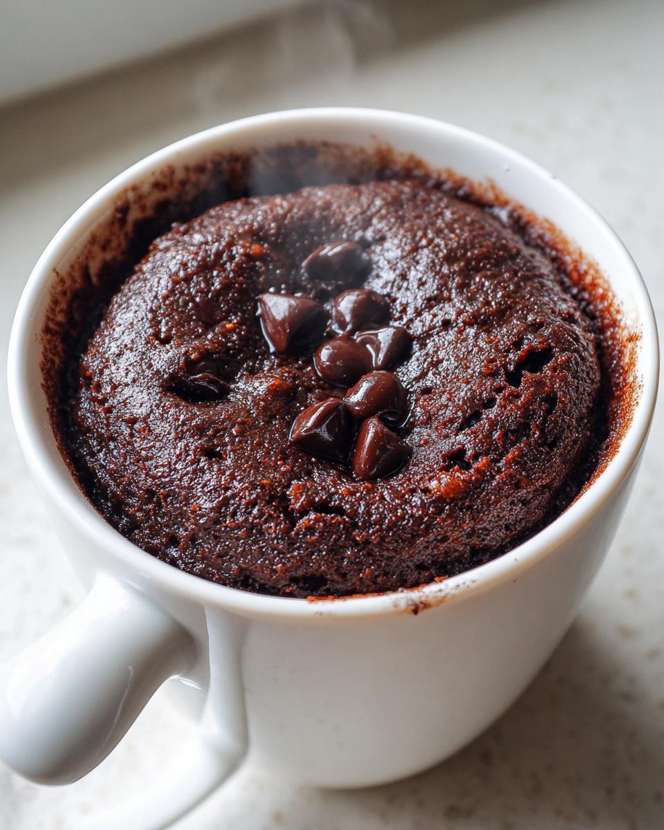 Close-up of a freshly baked, steaming chocolate mug cake topped with melted chocolate chips.