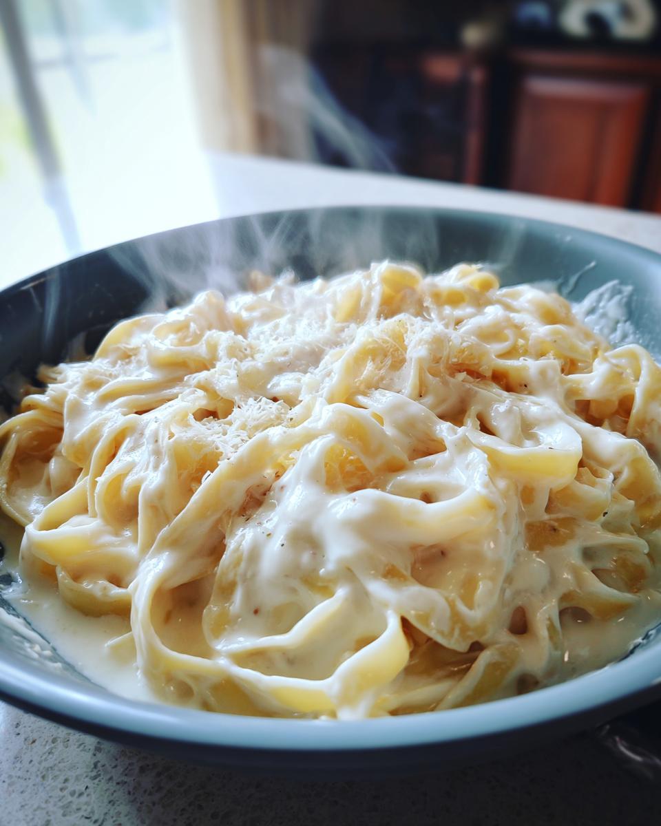 Close-up of steaming fettuccine pasta generously coated in creamy homemade alfredo sauce and topped with grated cheese.