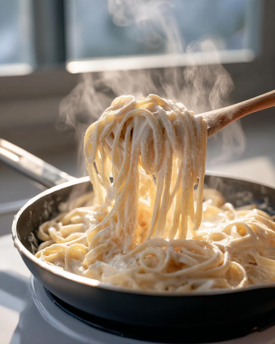 A wooden spoon lifts steaming fettuccine coated in rich homemade alfredo sauce out of a black skillet.