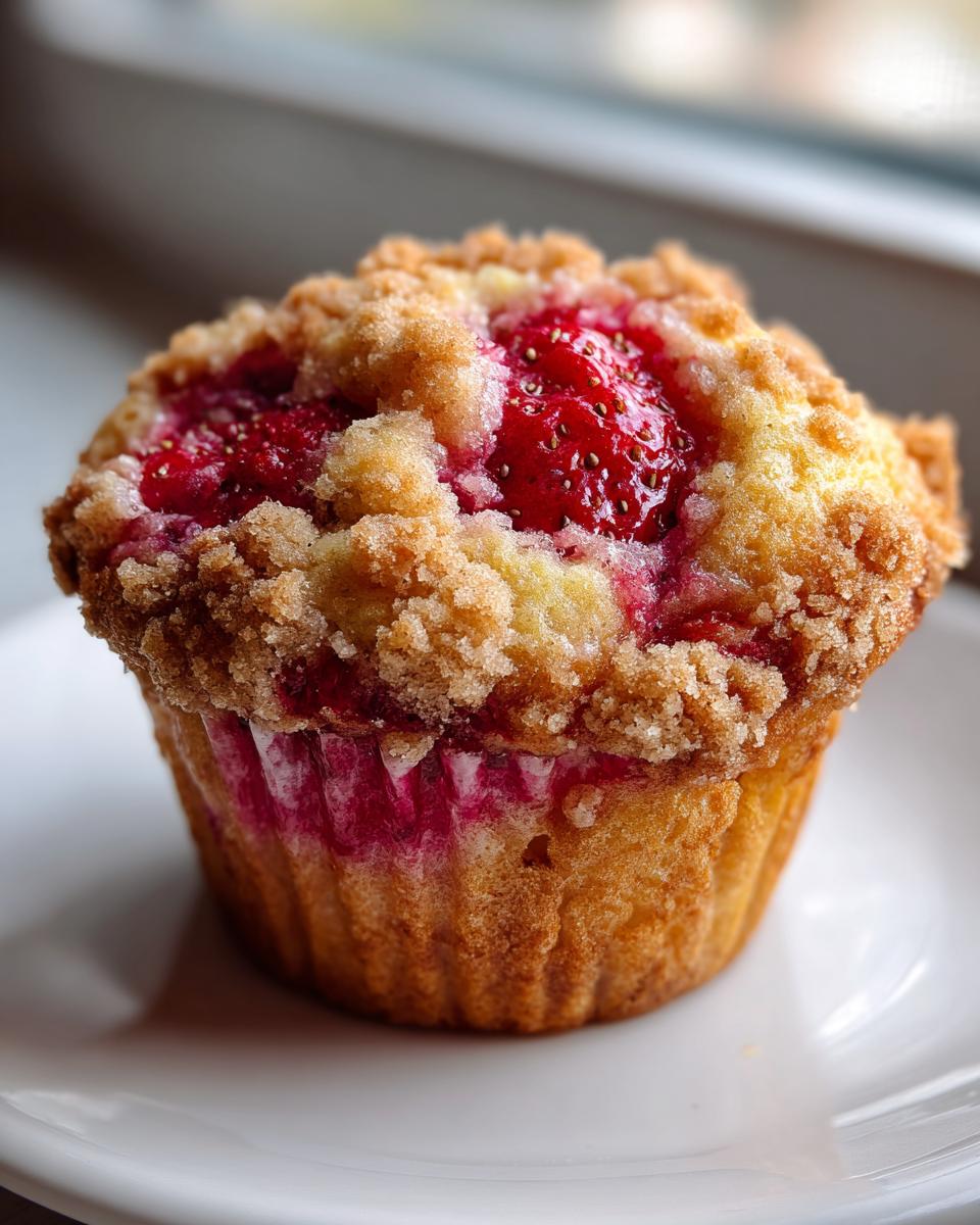 A single, golden-brown strawberry muffin topped with crumbly streusel and baked-in fresh strawberries.