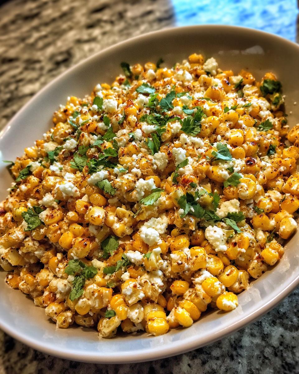 A close-up view of a bowl filled with vibrant street corn salad, featuring charred corn kernels, crumbled white cheese, and fresh cilantro.