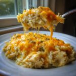 A spoonful of cheesy chicken and rice lifted from a plate, showing long, dramatic cheese pulls.