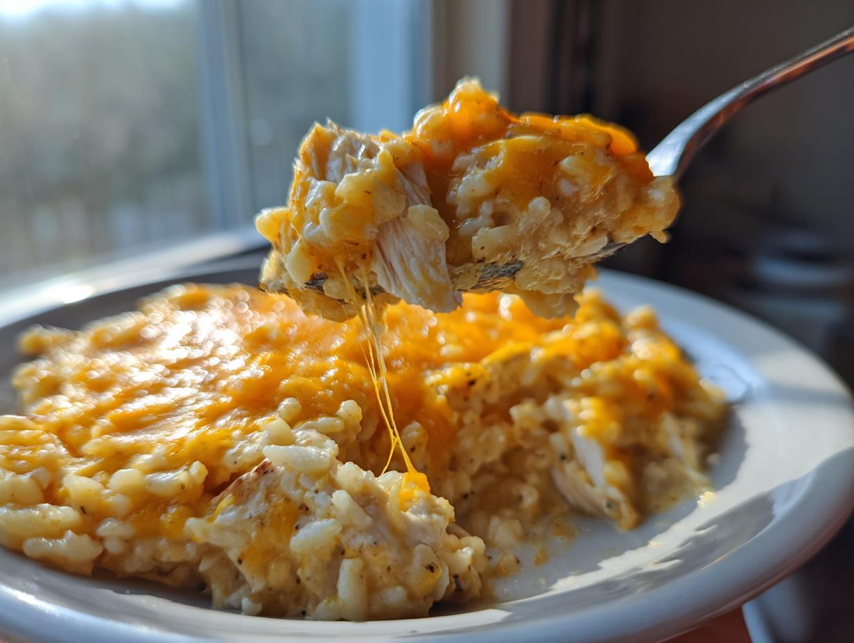 A spoonful of creamy, cheesy chicken and rice is lifted, showing long, melted cheese strings.