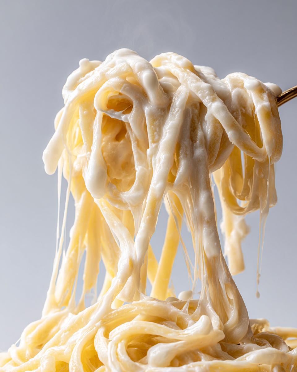 Close-up of steaming fettuccine pasta coated in thick, creamy homemade alfredo sauce being lifted by a fork.
