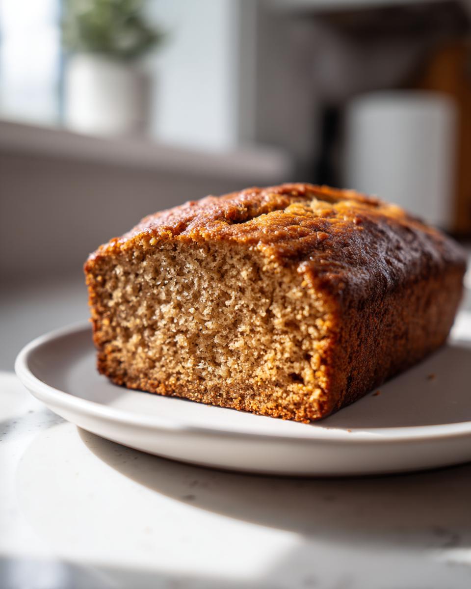 A freshly baked loaf of sugar free banana bread sitting on a light plate, showing its moist, golden-brown crumb.