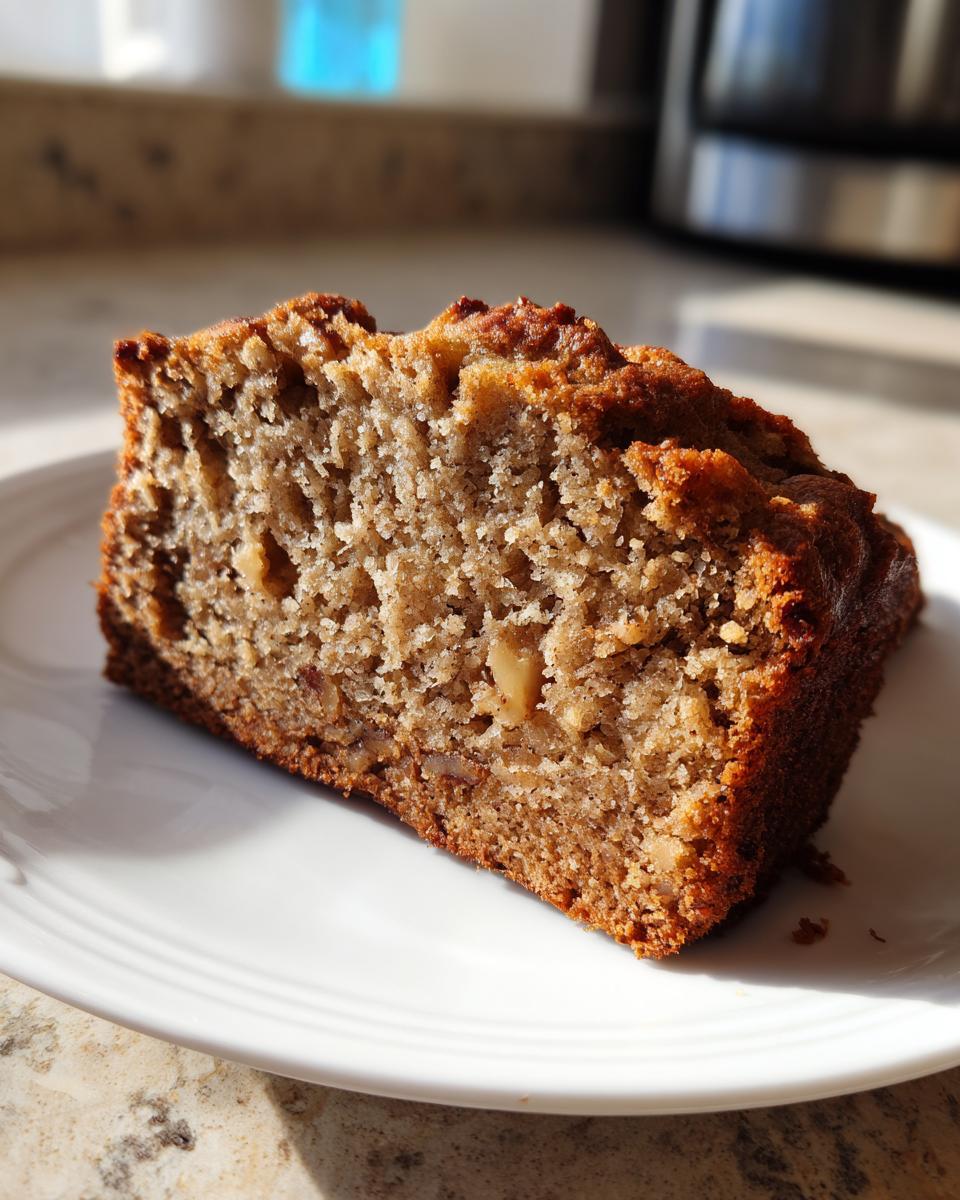 Close-up of a moist slice of sugar free banana bread showing its crumb texture and visible nuts on a white plate.