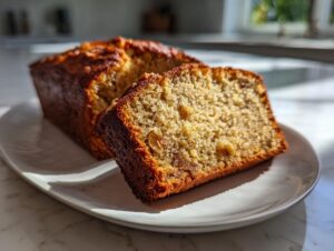 A thick slice of moist sugar free banana bread, showing walnuts inside, resting next to the rest of the loaf on a white plate.