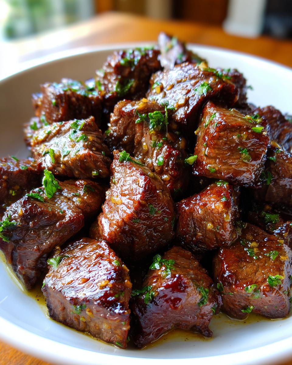 Close-up of tender crockpot steak cut into cubes, coated in a rich sauce and topped with fresh parsley.