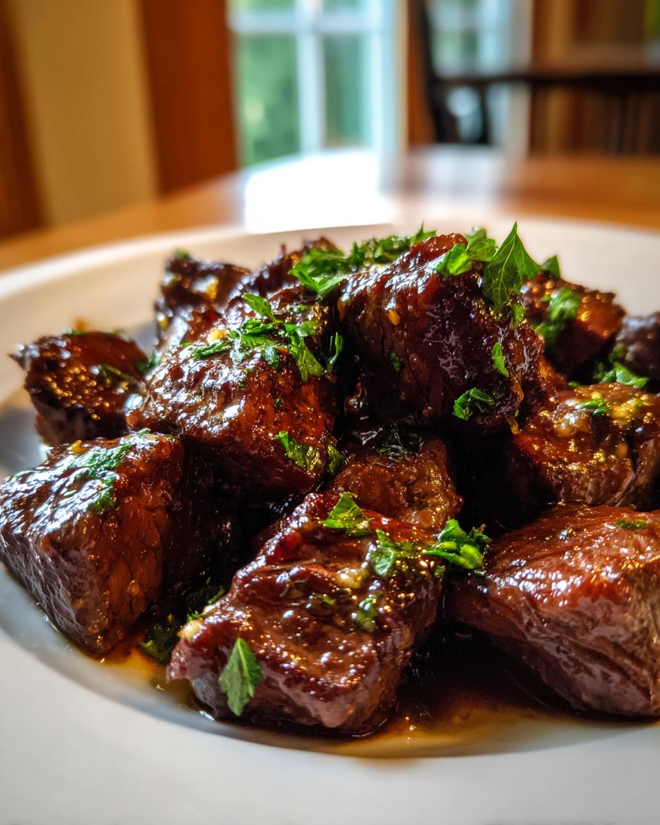 Close-up of rich, saucy crockpot steak bites piled on a white plate and topped with fresh green parsley.