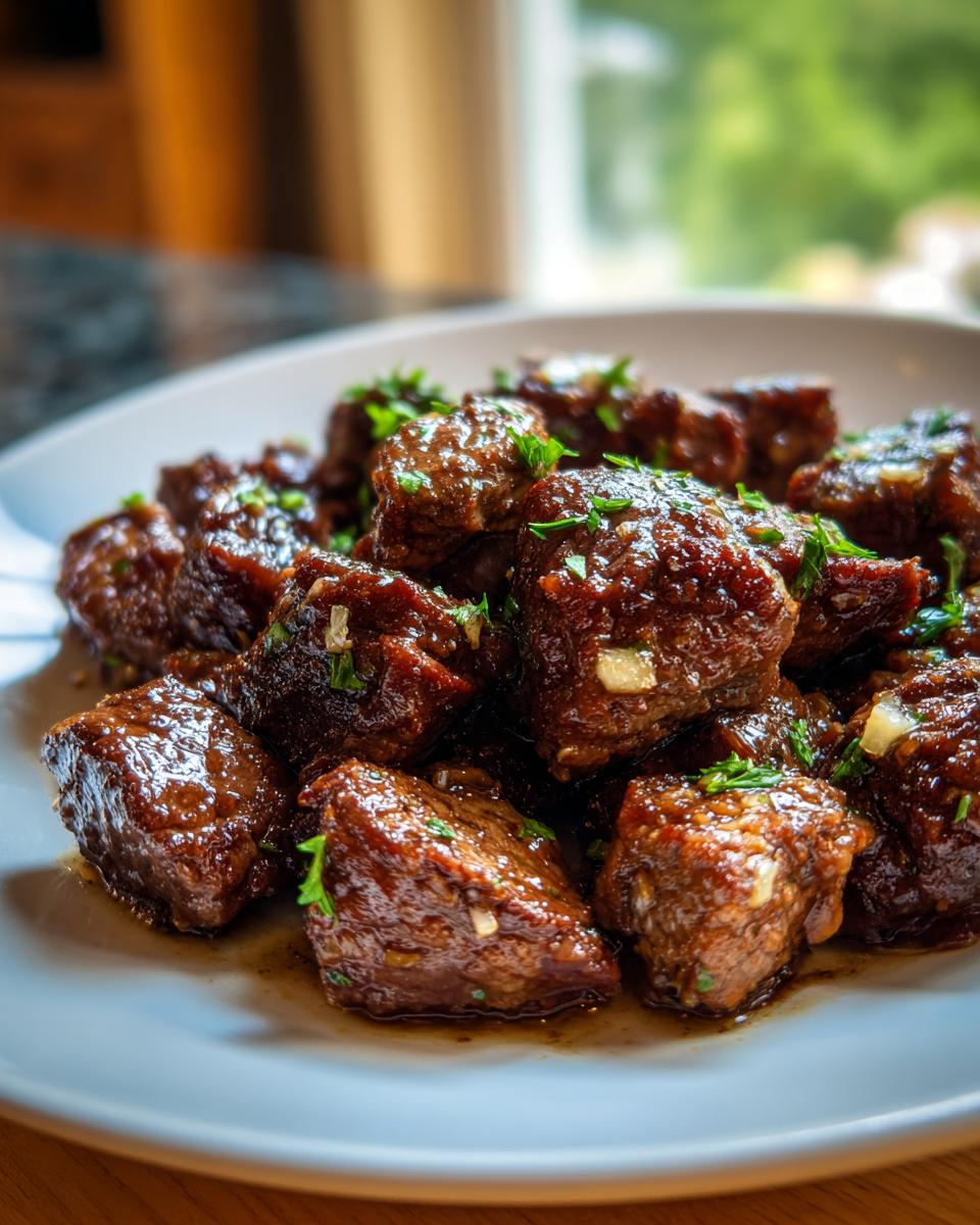 Close-up of tender, saucy crockpot steak bites garnished with fresh parsley and garlic pieces.