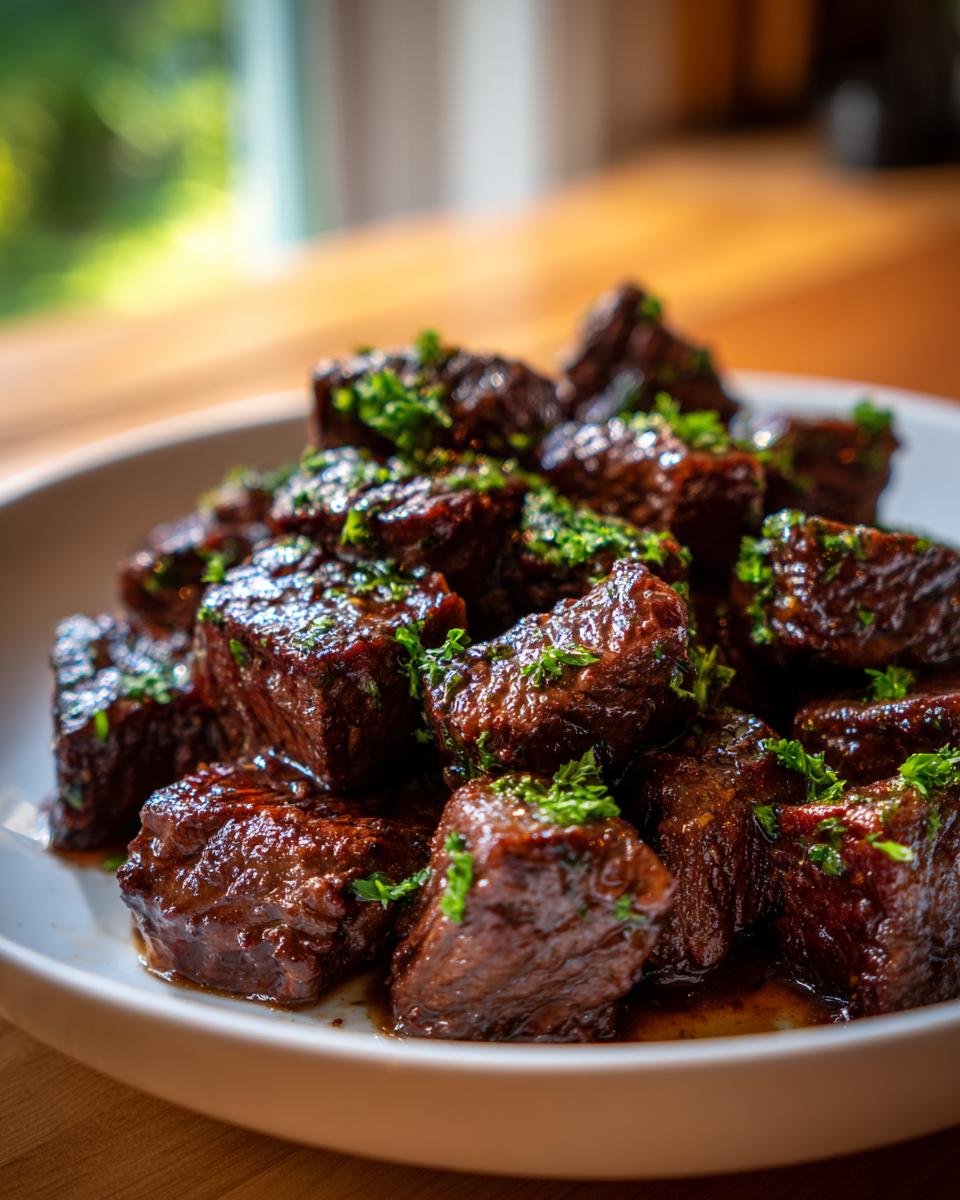 Close-up of tender, saucy crockpot steak cubes garnished with fresh chopped parsley in a white bowl.
