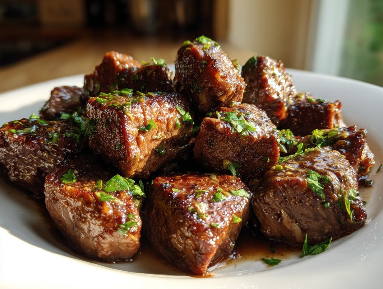 A close-up of tender, saucy cubes of crockpot steak piled on a white plate and garnished with fresh chopped parsley.