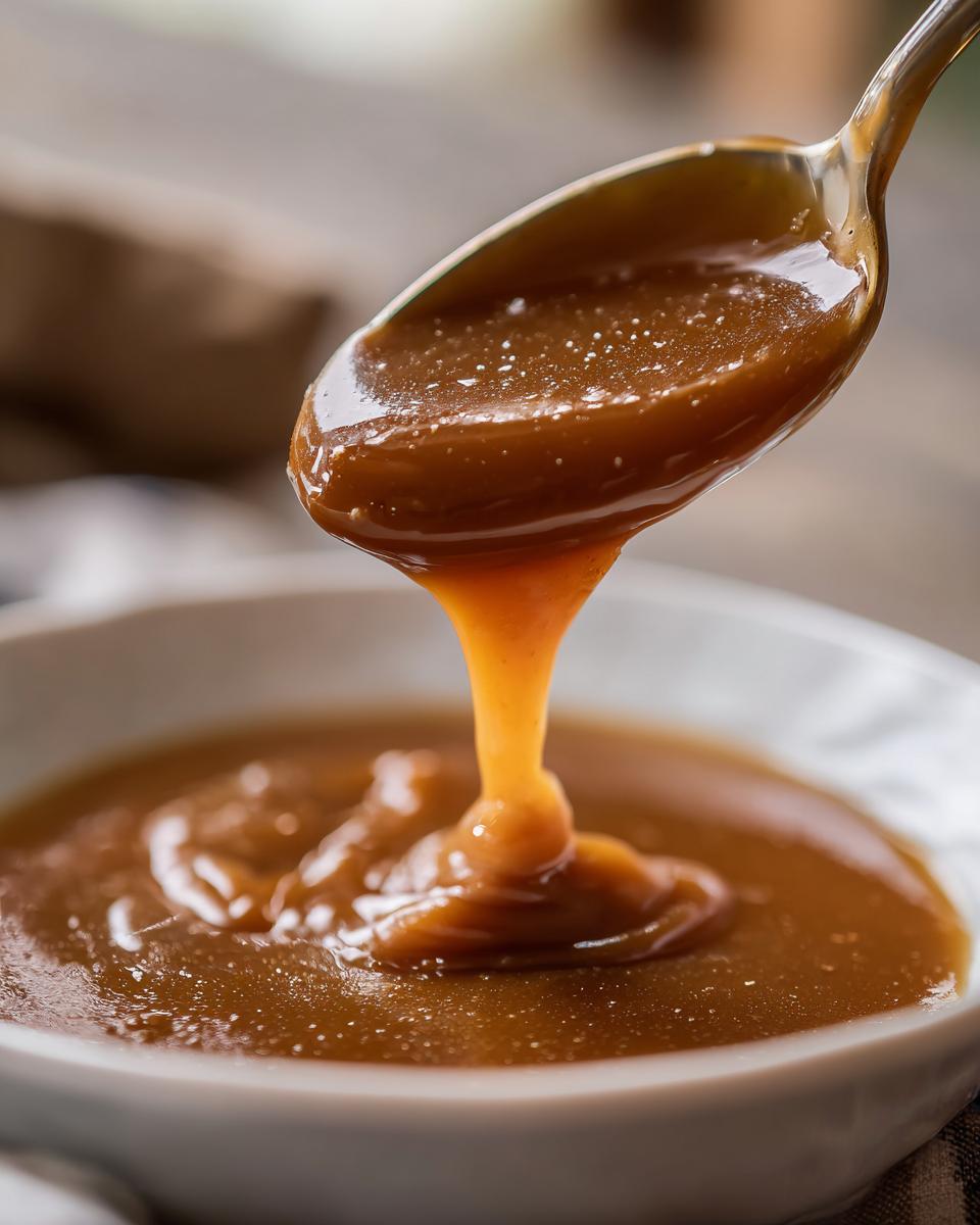 Close-up of thick, rich homemade brown gravy dripping from a spoon into a white bowl.