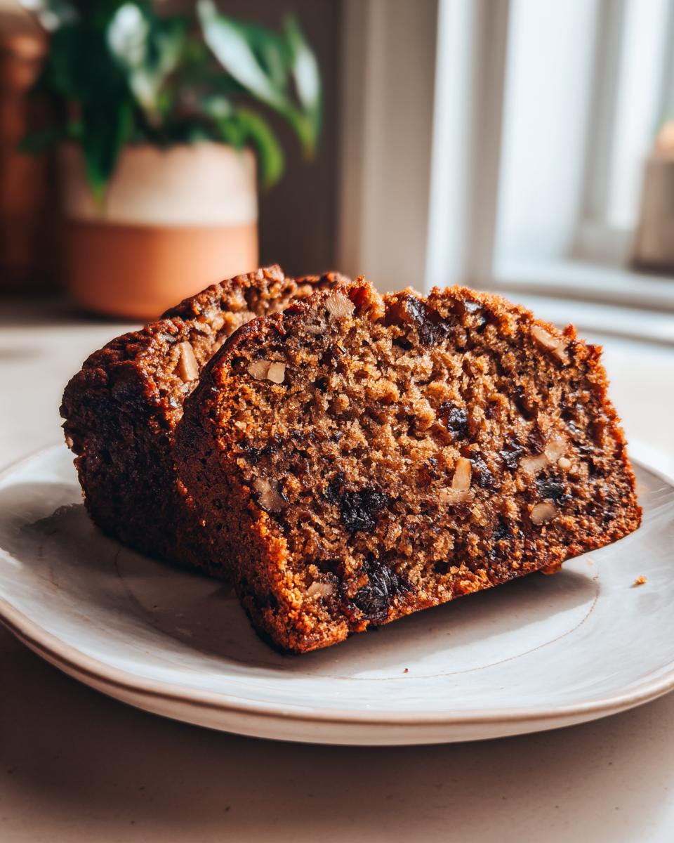 Two thick slices of moist date nut bread, rich with visible nuts and dried fruit, served on a light plate.