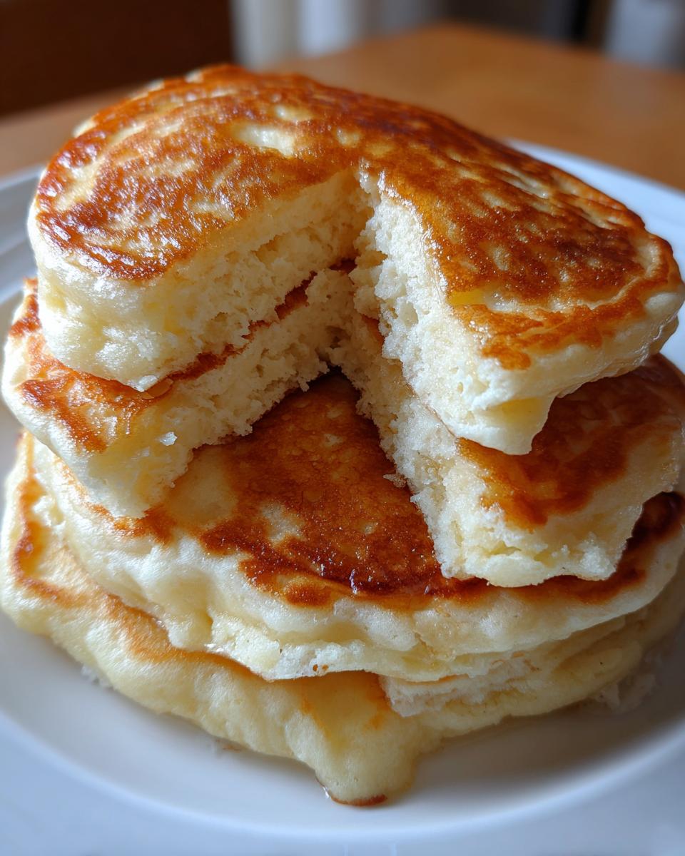 Close-up of a stack of fluffy pancakes broken open to show the airy, light interior texture.