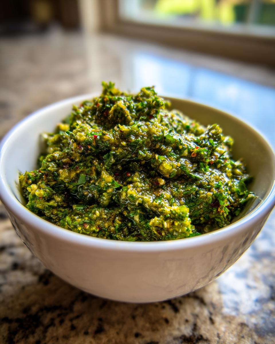 Close-up of chunky, bright green tomato salsa texture in a white bowl.