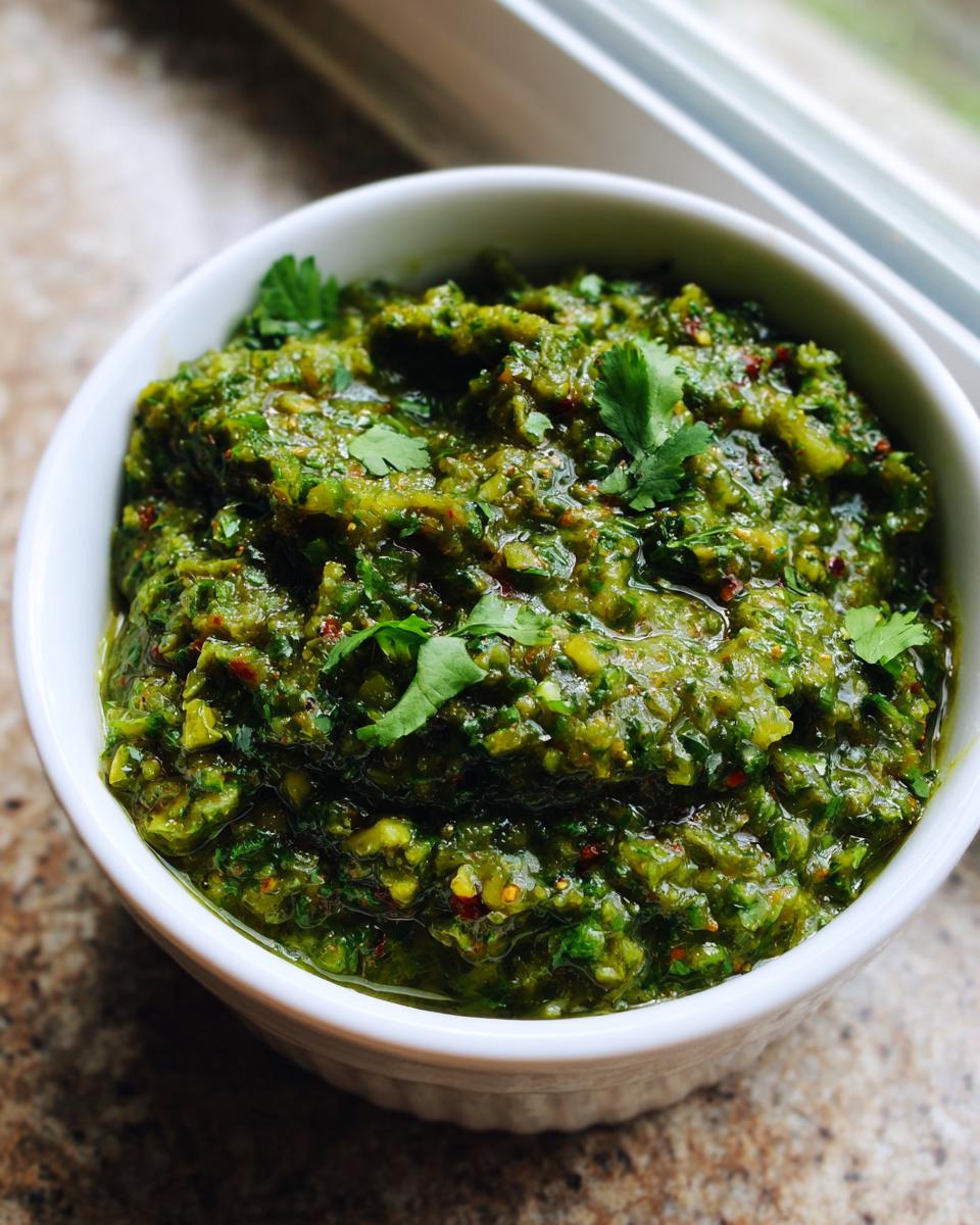 Close-up of thick, vibrant green tomato salsa garnished with fresh cilantro leaves in a white bowl.
