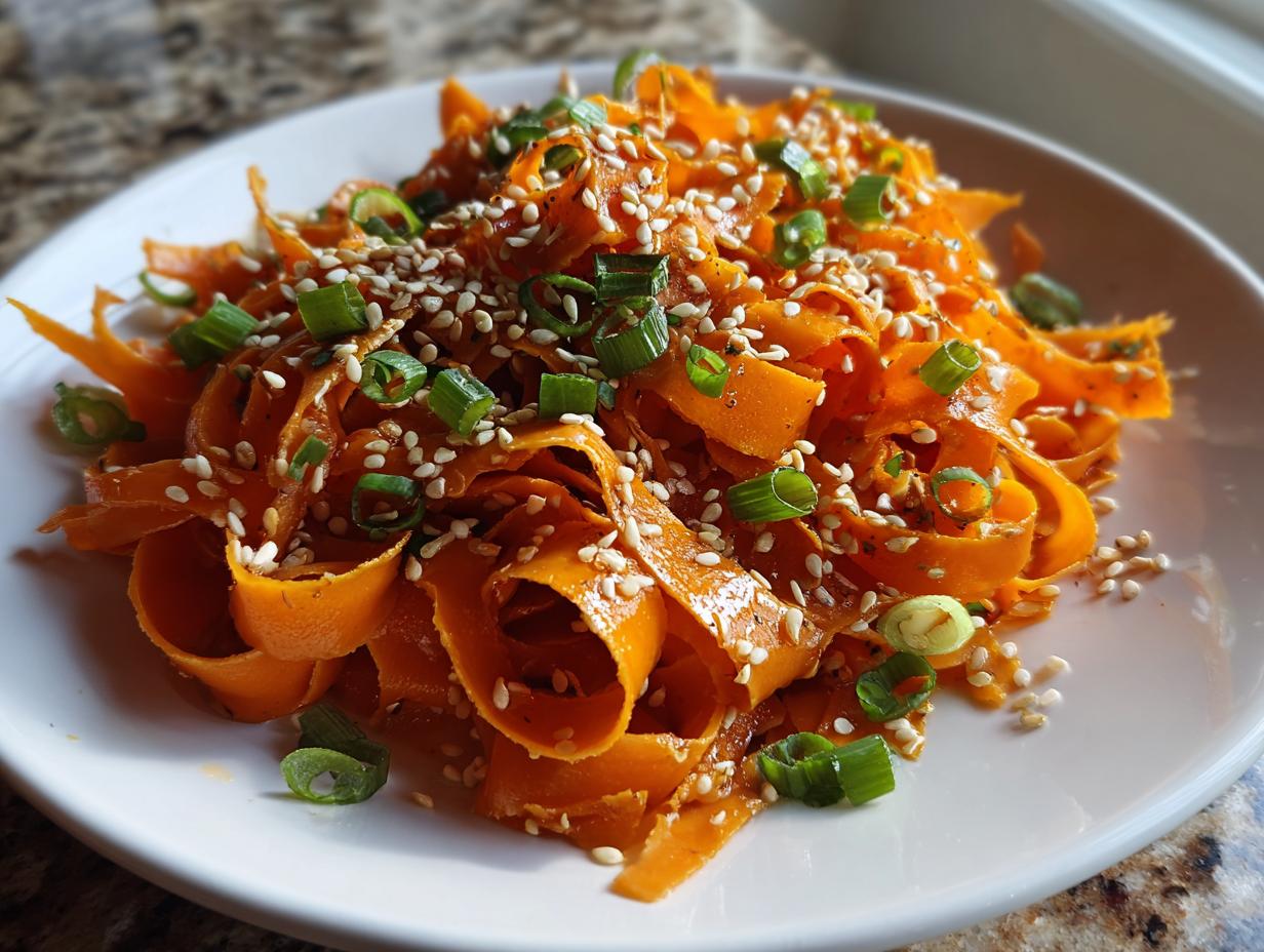 Close-up of a vibrant raw carrot salad featuring shaved carrot ribbons, topped with sesame seeds and chopped green onions.