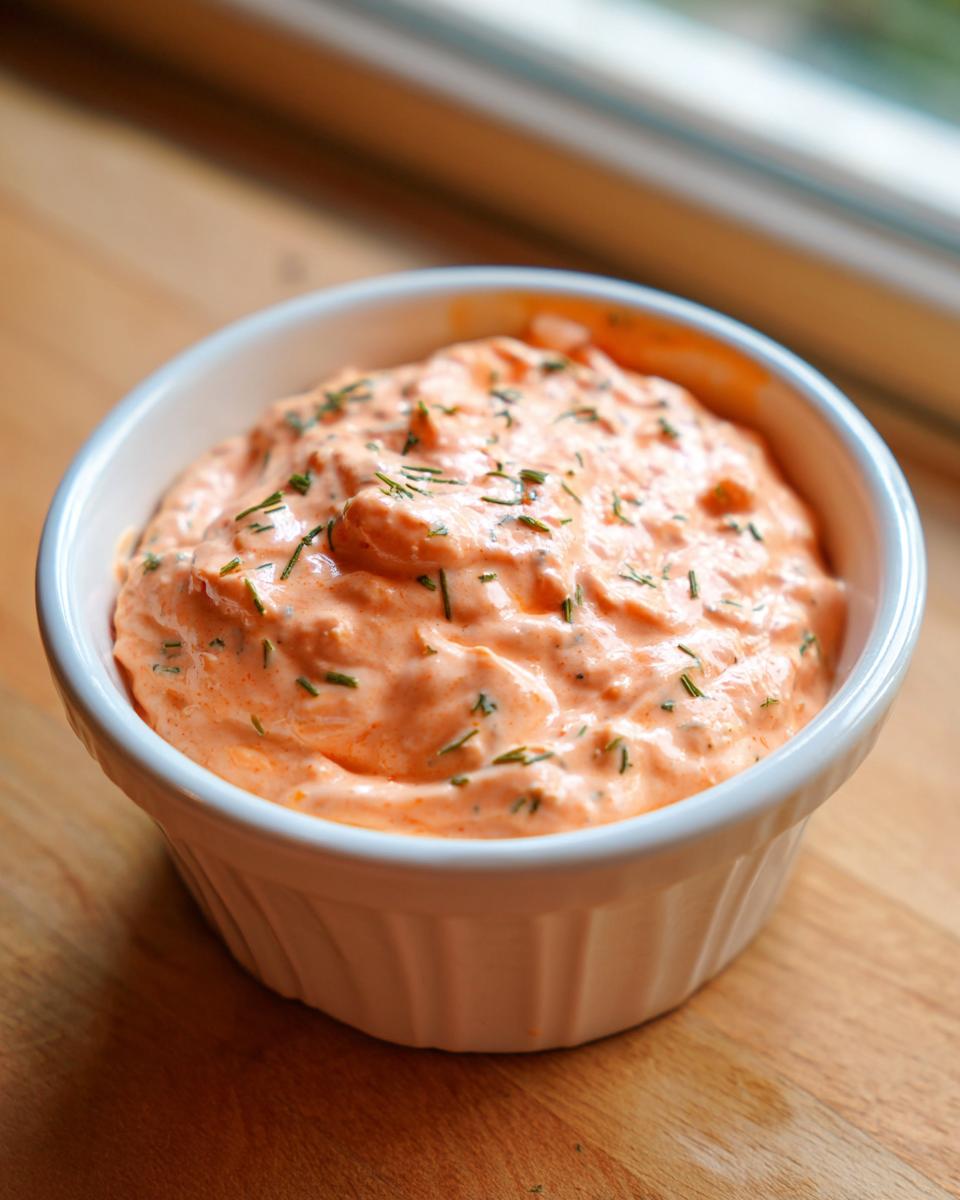 Close-up of creamy, orange-hued remoulade sauce topped with green herbs in a white ramekin.