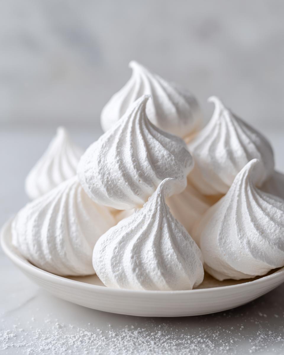 A close-up of several perfectly piped white meringue cookies stacked on a small white plate.