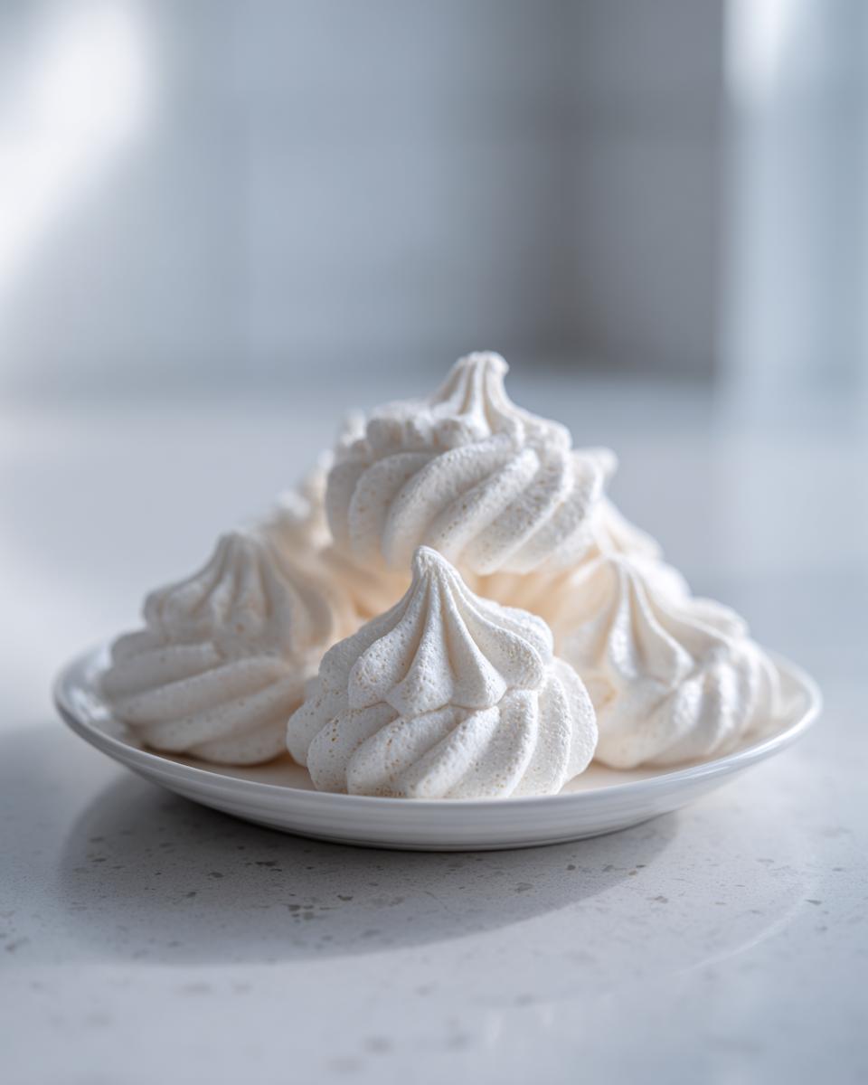 A stack of perfectly piped white meringue cookies with distinct ridges, resting on a small white plate.