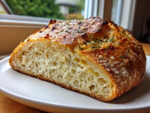 A close-up of a freshly baked slice of artisan bread showing an open, airy crumb and a golden, rosemary-topped crust.