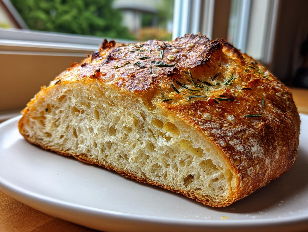 A close-up of a freshly baked slice of artisan bread showing an open, airy crumb and a golden, rosemary-topped crust.