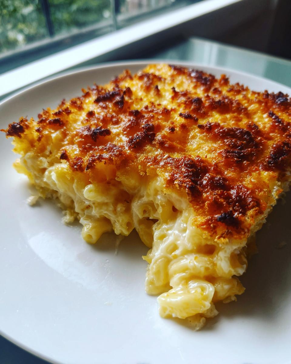 A close-up slice of creamy baked mac and cheese with a deeply browned, crispy topping.