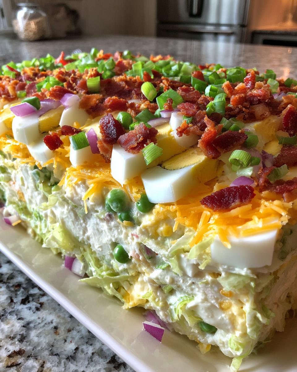 A close-up view of a rectangular 7 layer salad topped with chopped hard-boiled eggs, shredded cheddar, bacon bits, and green onions.