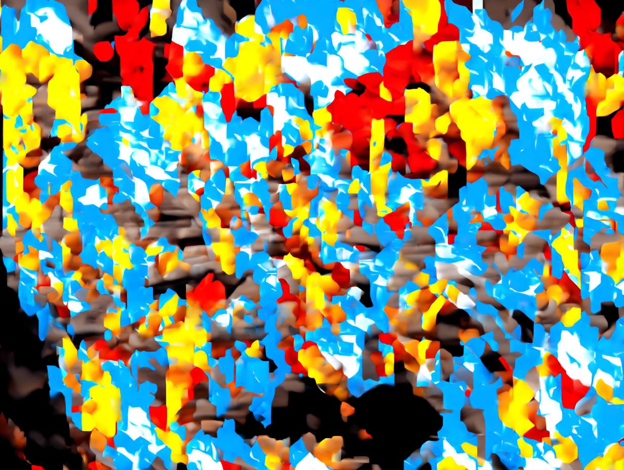 Abstract, colorful image with bright red, yellow, and blue shapes, used as a featured image for the hawaiian chicken sheet pan recipe.
