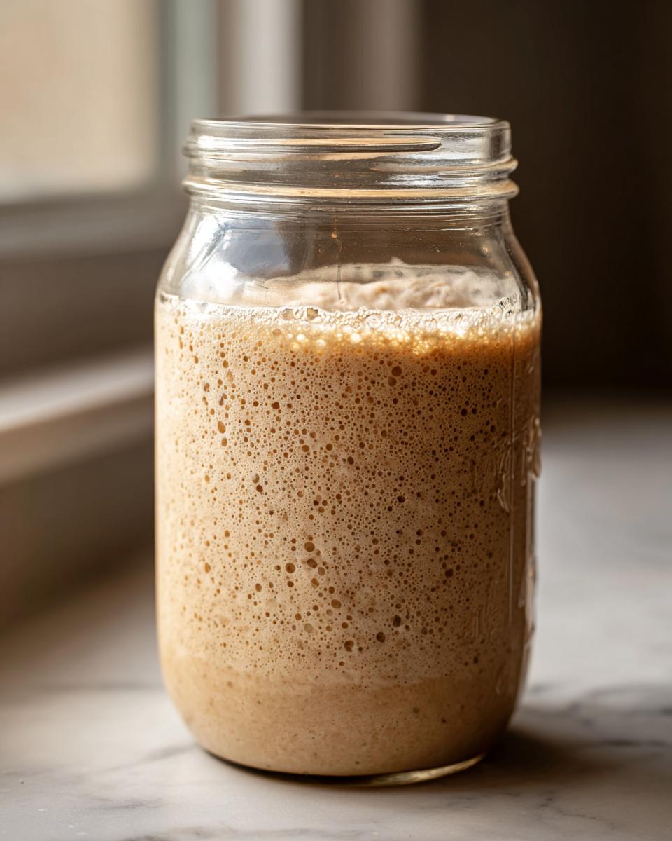 A close-up of a very active, bubbly sourdough starter filling a glass mason jar, showing peak activity.