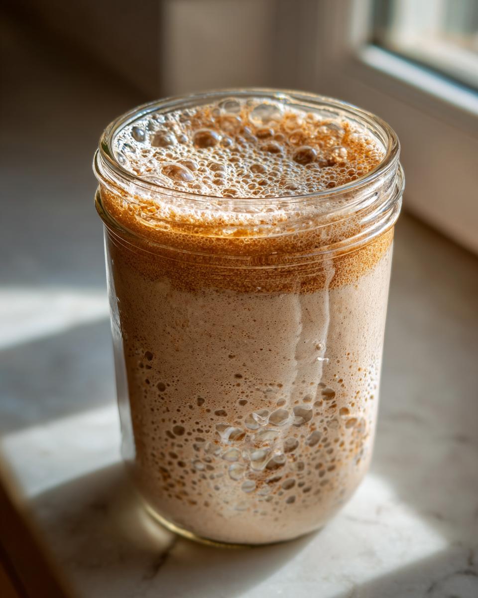 A close-up of a very active sourdough starter, full of bubbles and risen high in a clear glass jar.
