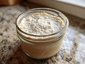 Close-up of an active sourdough starter, showing a bubbly, risen texture in a clear glass jar.