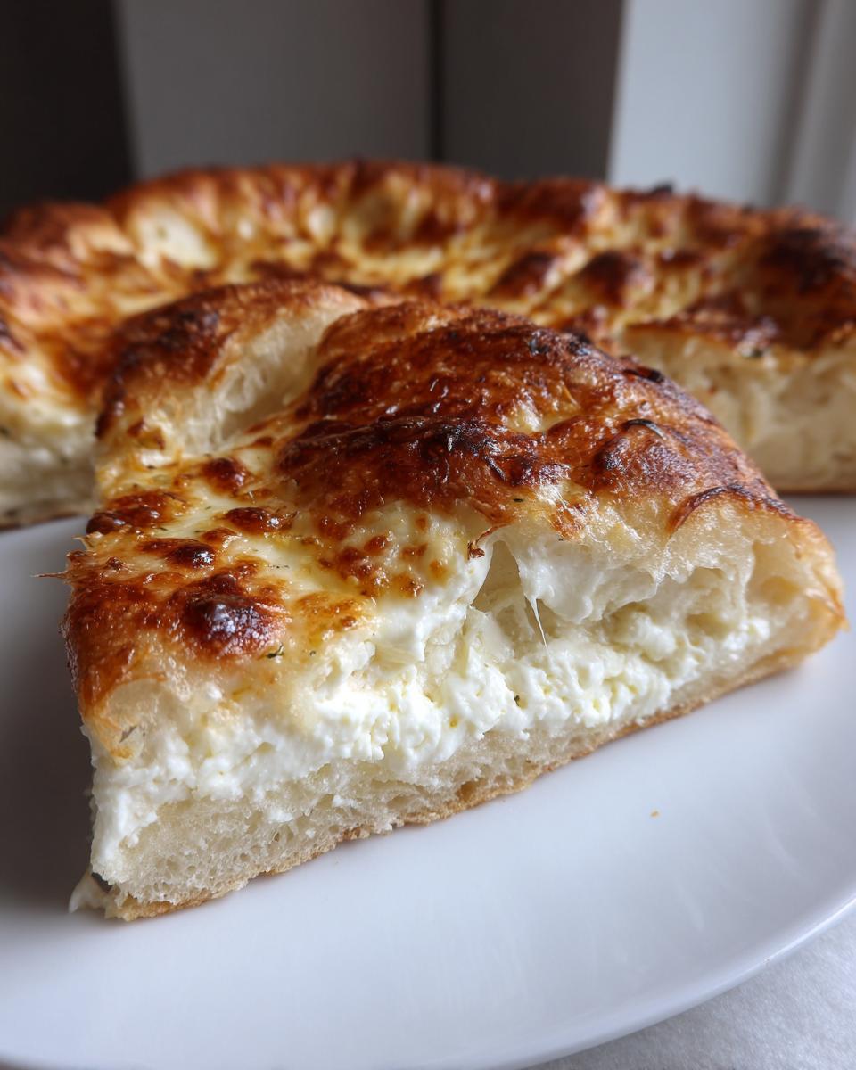 A close-up slice of Amazing 3-Cheese white pizza showing a thick layer of white cheese filling and a golden, bubbly crust.