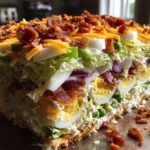 Close-up cross-section of an amazing 7 layer salad showing layers of eggs, lettuce, red onion, and topped with bacon.