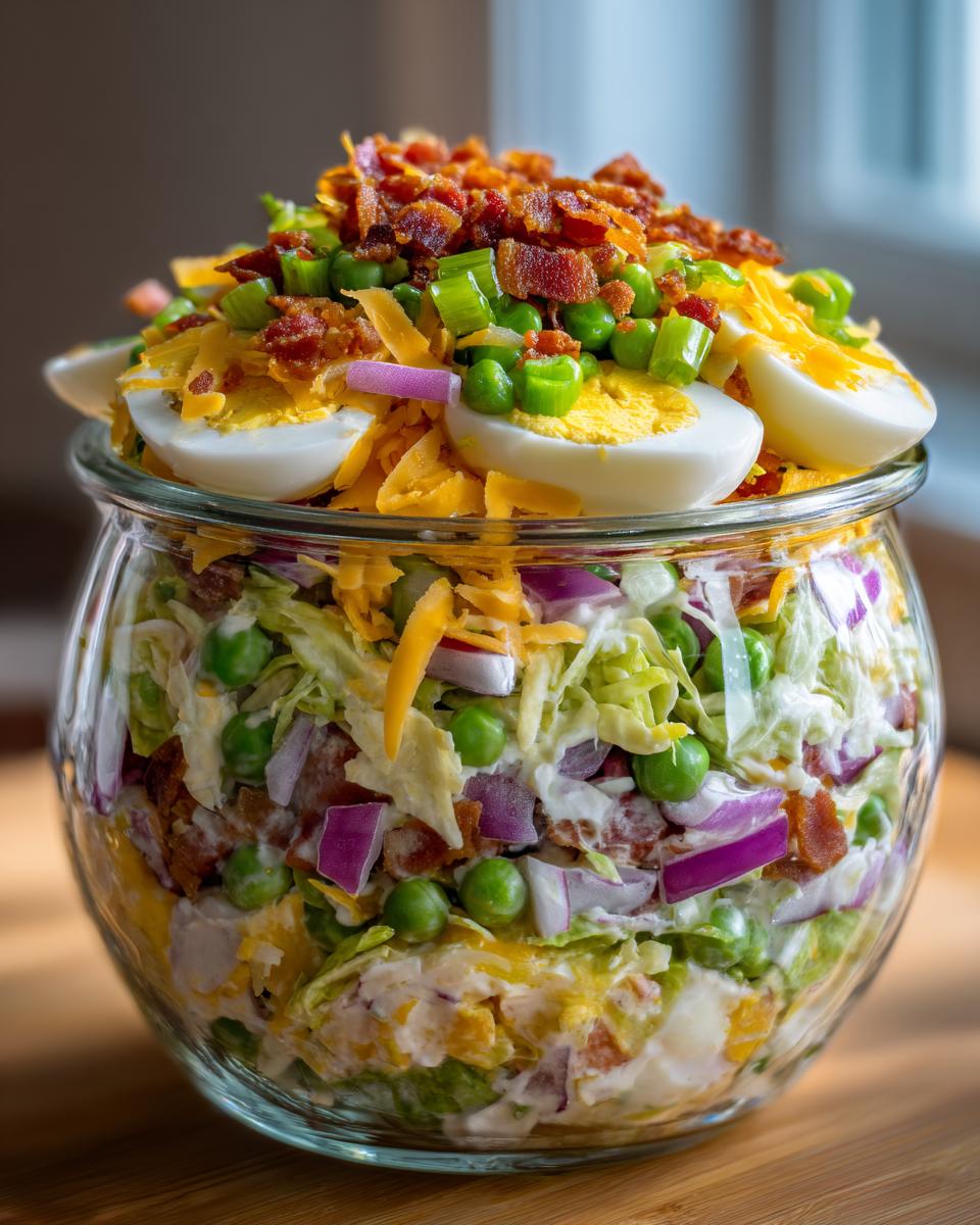 Close-up of the top layers of an Amazing 7 Layer Salad, featuring hard-boiled eggs, bacon, cheese, and peas in a clear glass bowl.