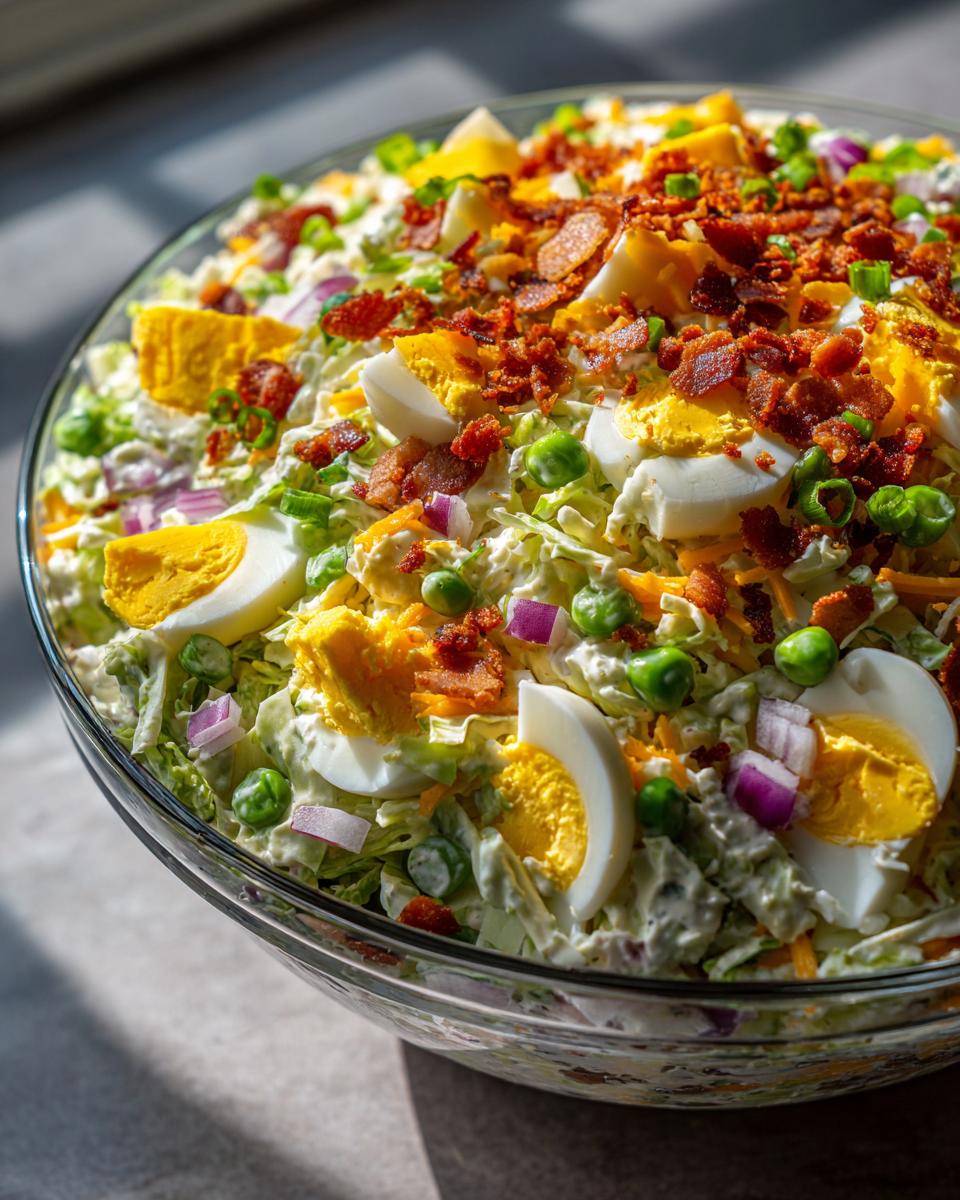 A close-up view of the top layer of an Amazing 7 layer salad, featuring hard-boiled eggs, bacon bits, peas, and red onion.