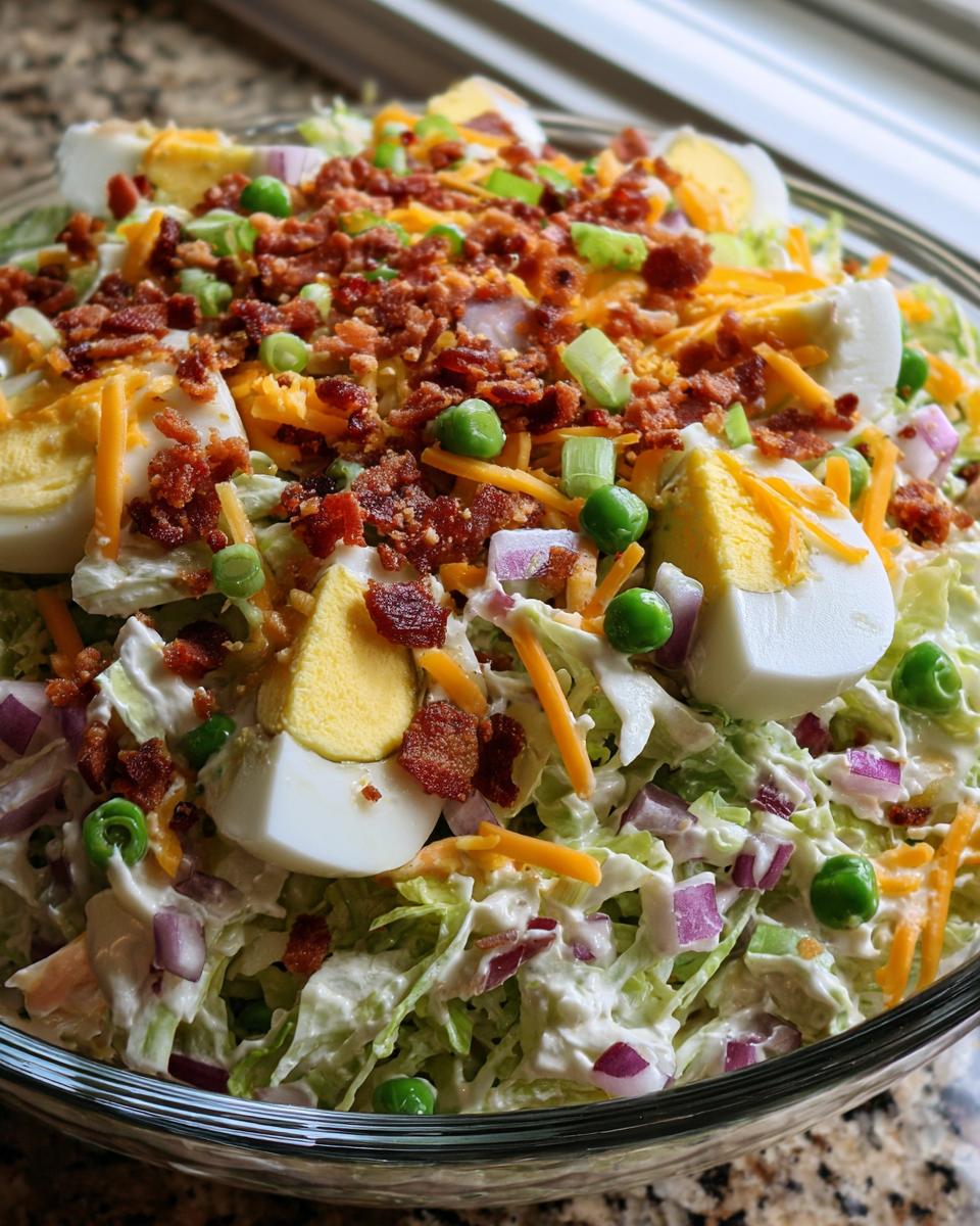 Close-up of the top layer of an amazing 7 layer salad featuring eggs, bacon, cheese, and peas.