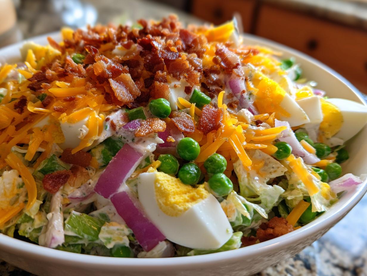 Close-up of a bowl filled with Amazing 7 layer salad, topped with bacon bits, shredded cheese, peas, and hard-boiled eggs.