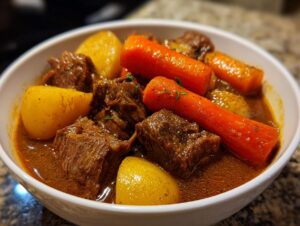 Close-up of a white bowl filled with rich, dark brown pork stew featuring tender meat chunks, bright orange carrots, and yellow potatoes.