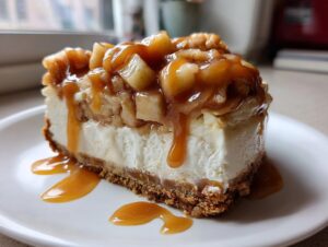 A rich slice of apple pie cheesecake topped with spiced apples and drizzled generously with caramel sauce.