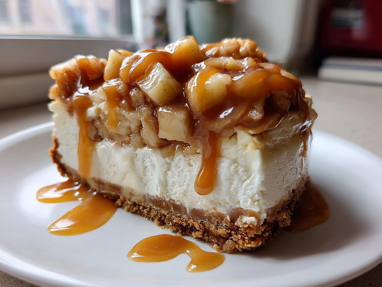 A rich slice of apple pie cheesecake topped with spiced apples and drizzled generously with caramel sauce.
