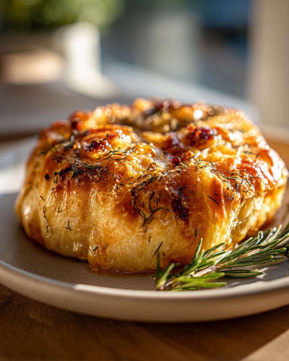 A golden brown baked brie wrapped in flaky pastry, topped with herbs and glistening glaze.
