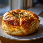 A perfectly golden brown baked brie wrapped in flaky puff pastry and topped with fresh rosemary.